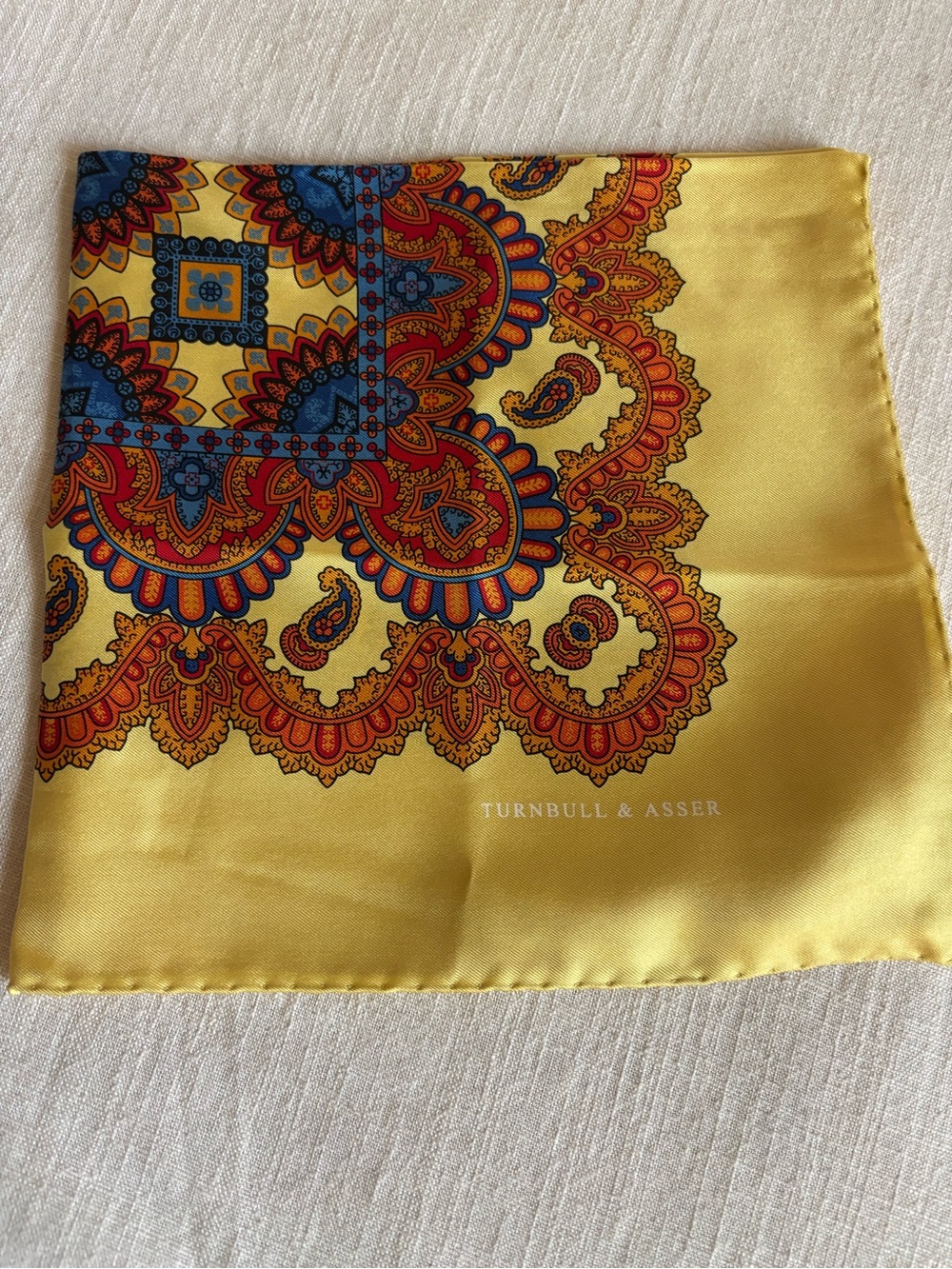 Turnbull & Asser Yellow Silk Paisley Pocket Square with Red and Blue Accents